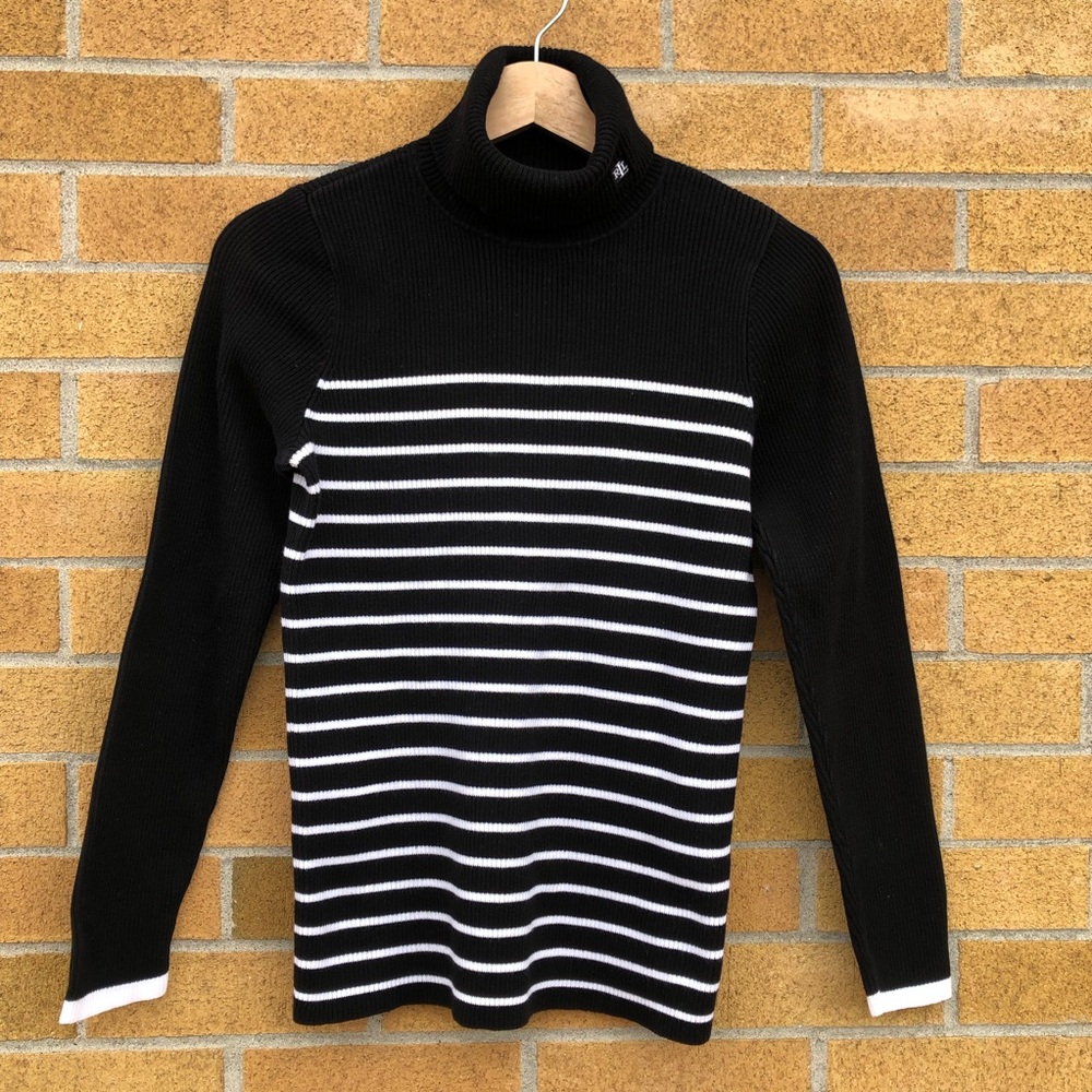 Lauren Ralph Lauren pullover black and white striped Turtleneck sweater ribbed✨